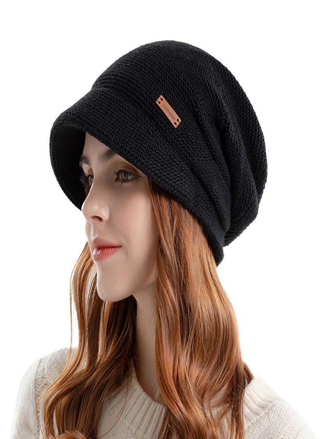 BEARAE Women Slouchy Knit Hat Winter Warm Fleece Lined Beanie Hat Stretchy Skull Cap with Visor Brim Black - Image 1